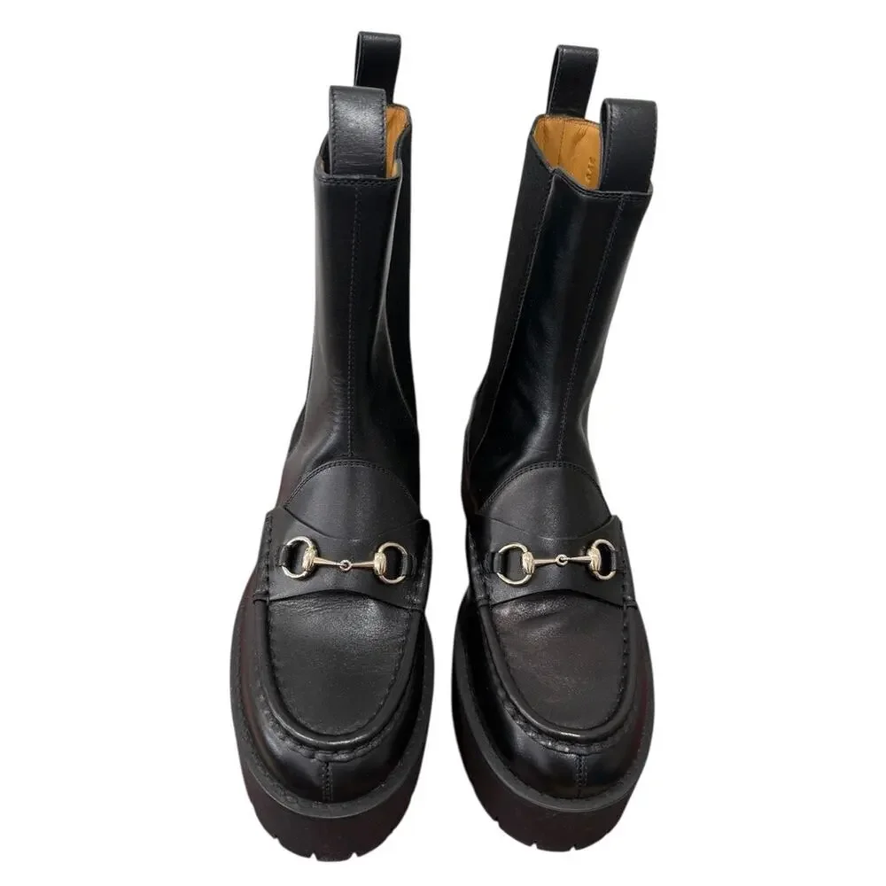 Gucci Horsebit Chelsea Black Leather Platform Boot 39 Classic